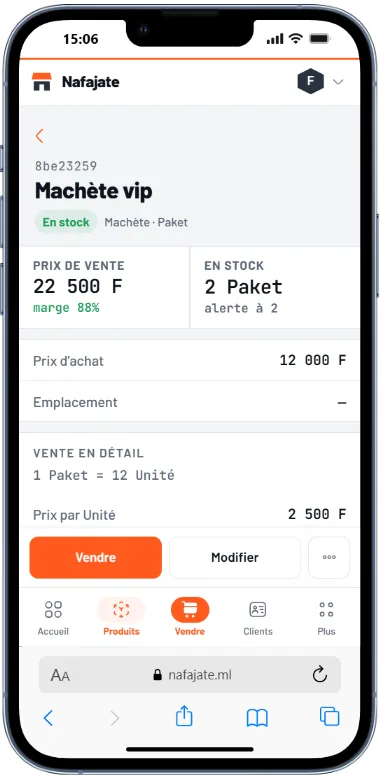 La fiche d’un article sur un téléphone : prix, marge, stock et vente au détail.